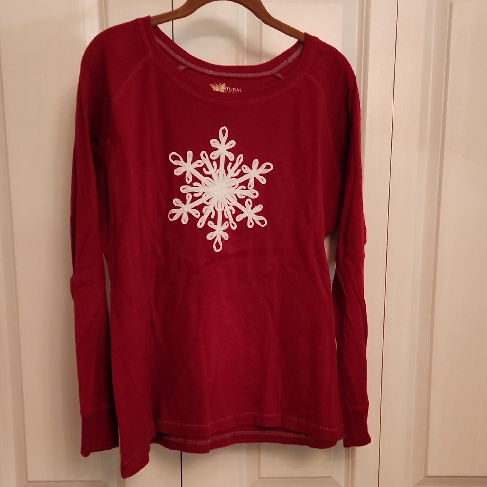 Natural Reflections Red Long Sleeve Snowflake Ribbon Detail Top